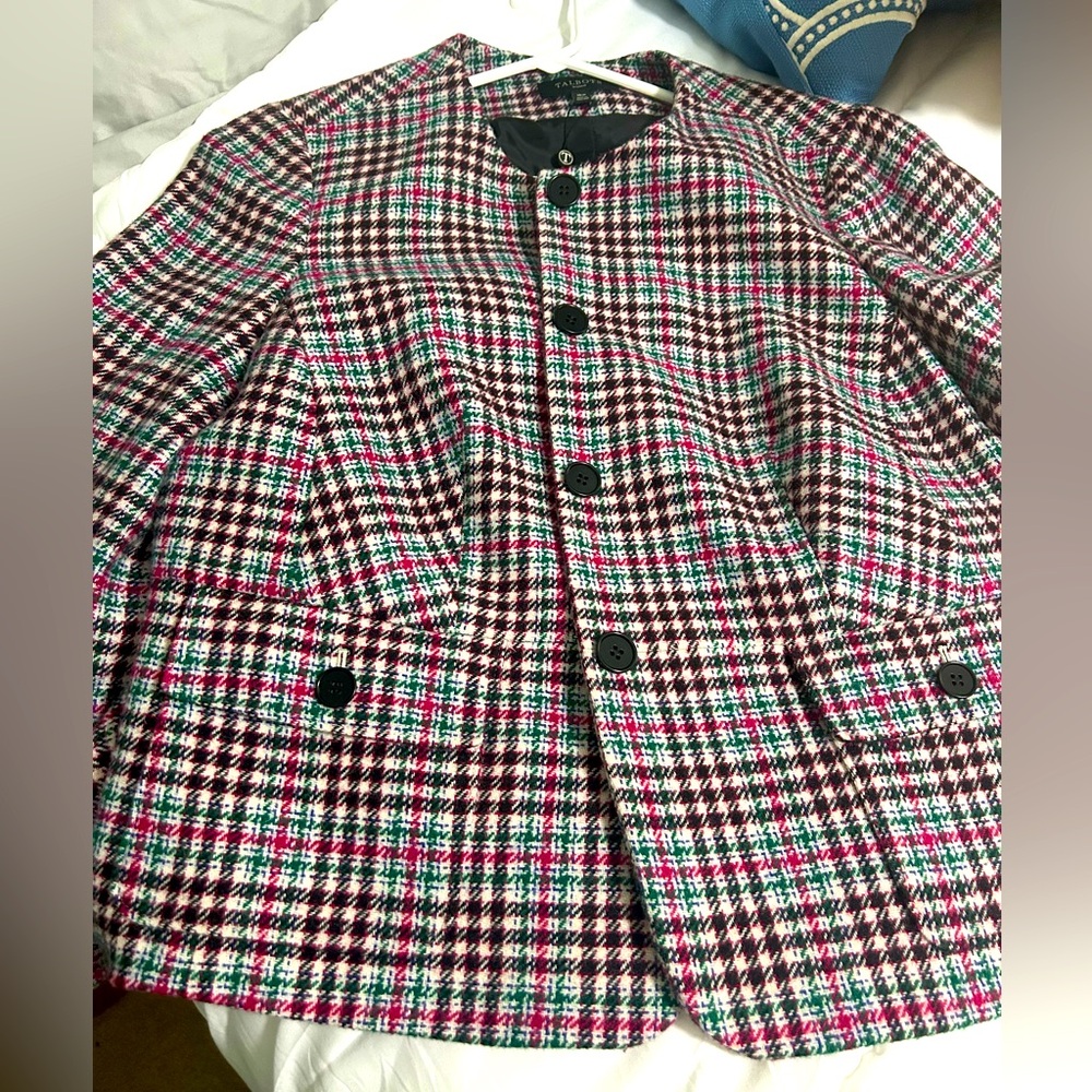 Talbots Wool blend jacket - size 16W. Black, pink and green plaid